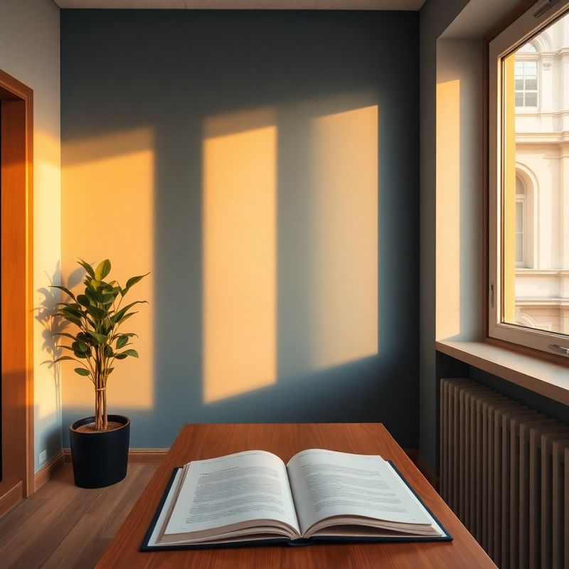 A calm ink-blue Co Studio reception room in Cluj-Napoca with a timber desk, an appointment book, and soft golden light.