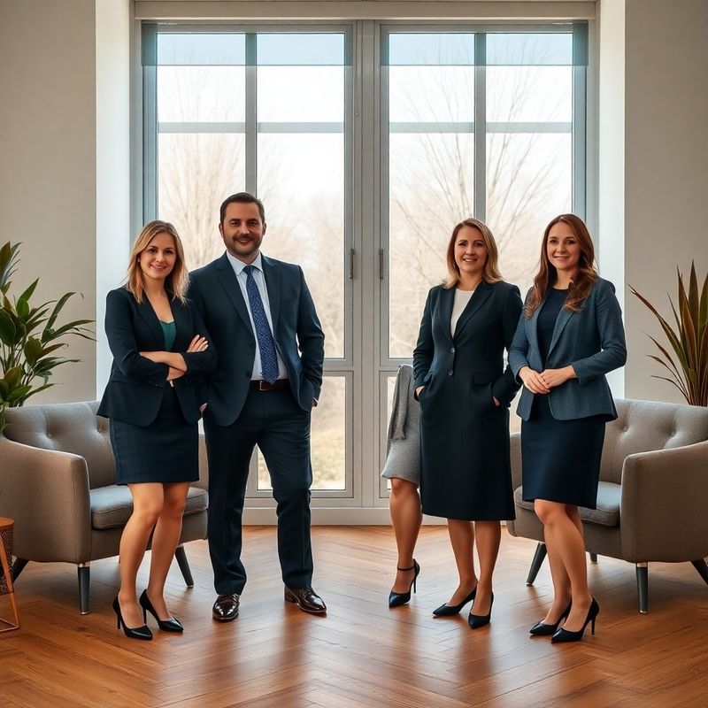 Four professionals in a calm ink-blue and warm-white Cluj-Napoca office interior with natural daylight.